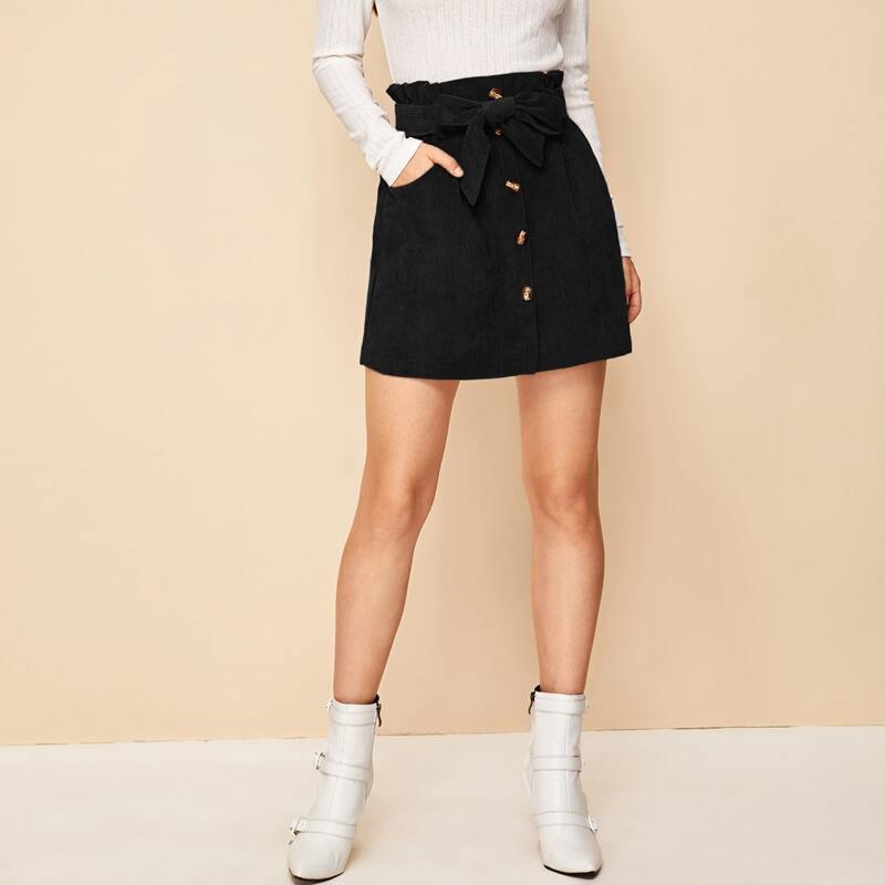 

Paperbag Waist Belted Corduroy Skirt, Black