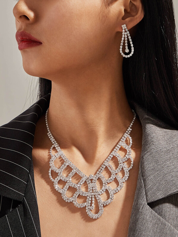 

1pc Rhinestone Engraved Statement Necklace & 1pair Earrings