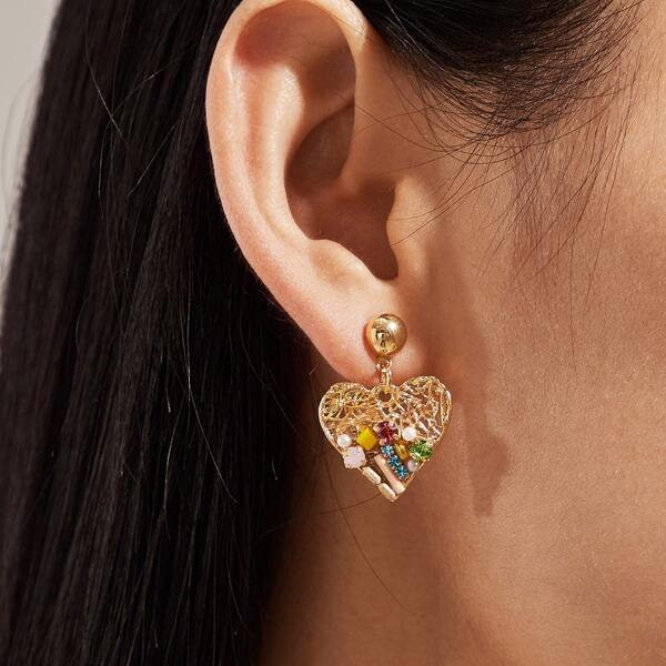 

1pair Gemstone Engraved Hollow Out Heart Drop Earrings, Multicolor