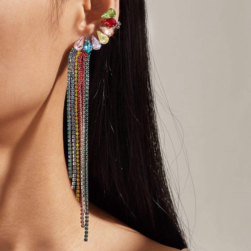 

1pair Rhinestone Decor Tassel Drop Earrings, Multicolor