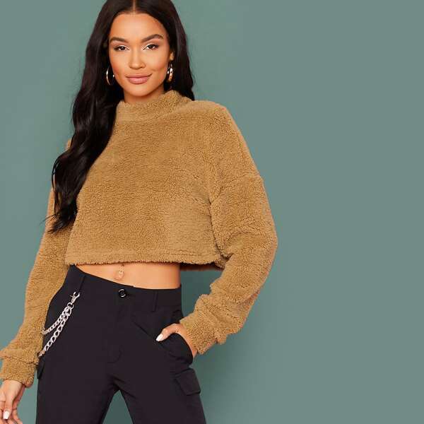

Mock Neck Drop Shoulder Solid Teddy Pullover, Khaki