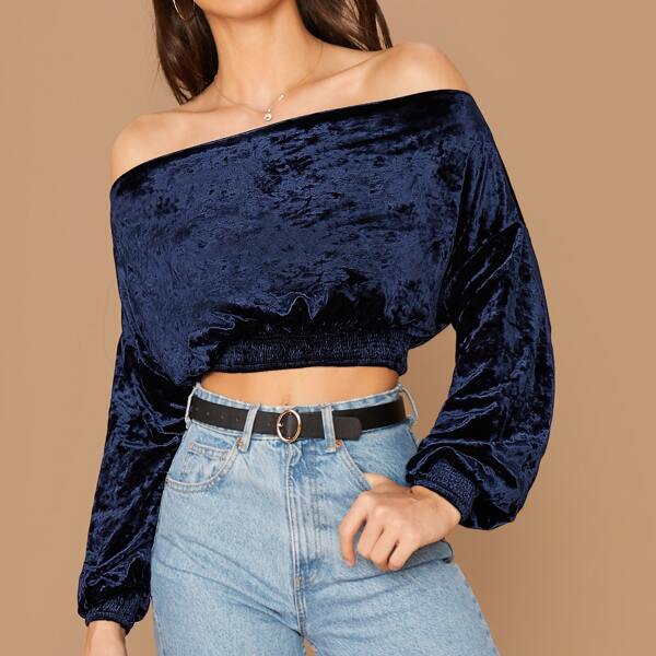 

Off Shoulder Elastic Cuff and Hem Velvet Pullover, Navy