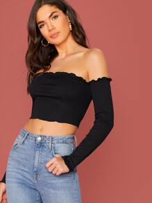 SHEIN Lettuce Edge Rib-knit Fitted Crop Bardot Top - Black - View 2