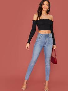 SHEIN Lettuce Edge Rib-knit Fitted Crop Bardot Top - Black - View 5