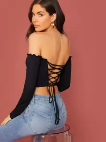 SHEIN Lettuce Edge Rib-knit Fitted Crop Bardot Top - Black - View 1
