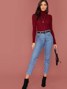 SHEIN Camiseta tejida de canalé de cuello tortuga - Burdeos - Ver 5