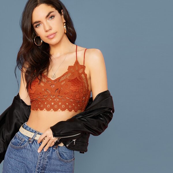 

Crisscross Shirred Back Lace Crop Top, Orange