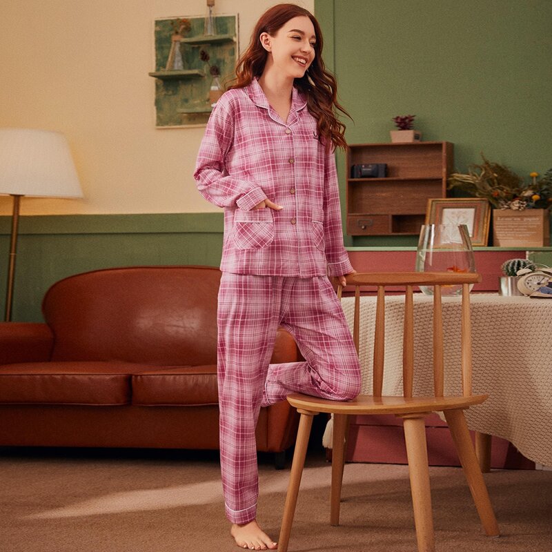 

Plaid Button Front PJ Set, Pink