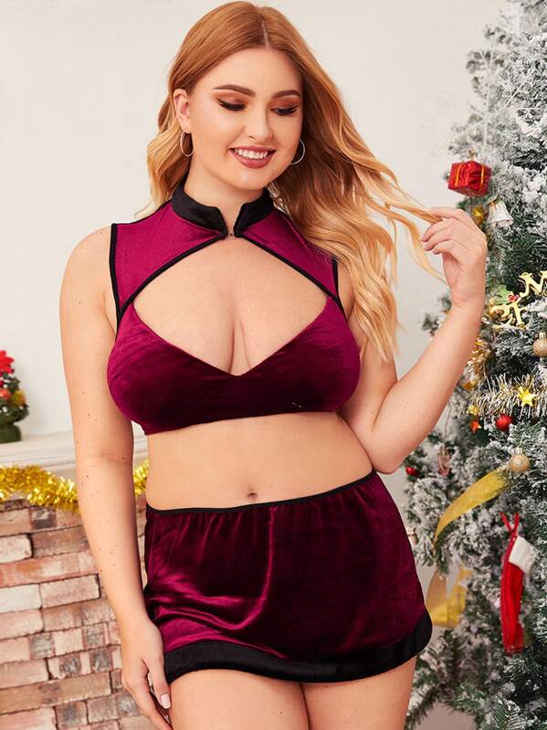 

Christmas Plus Contrast Trim Bra With Skirt, Burgundy, Nora