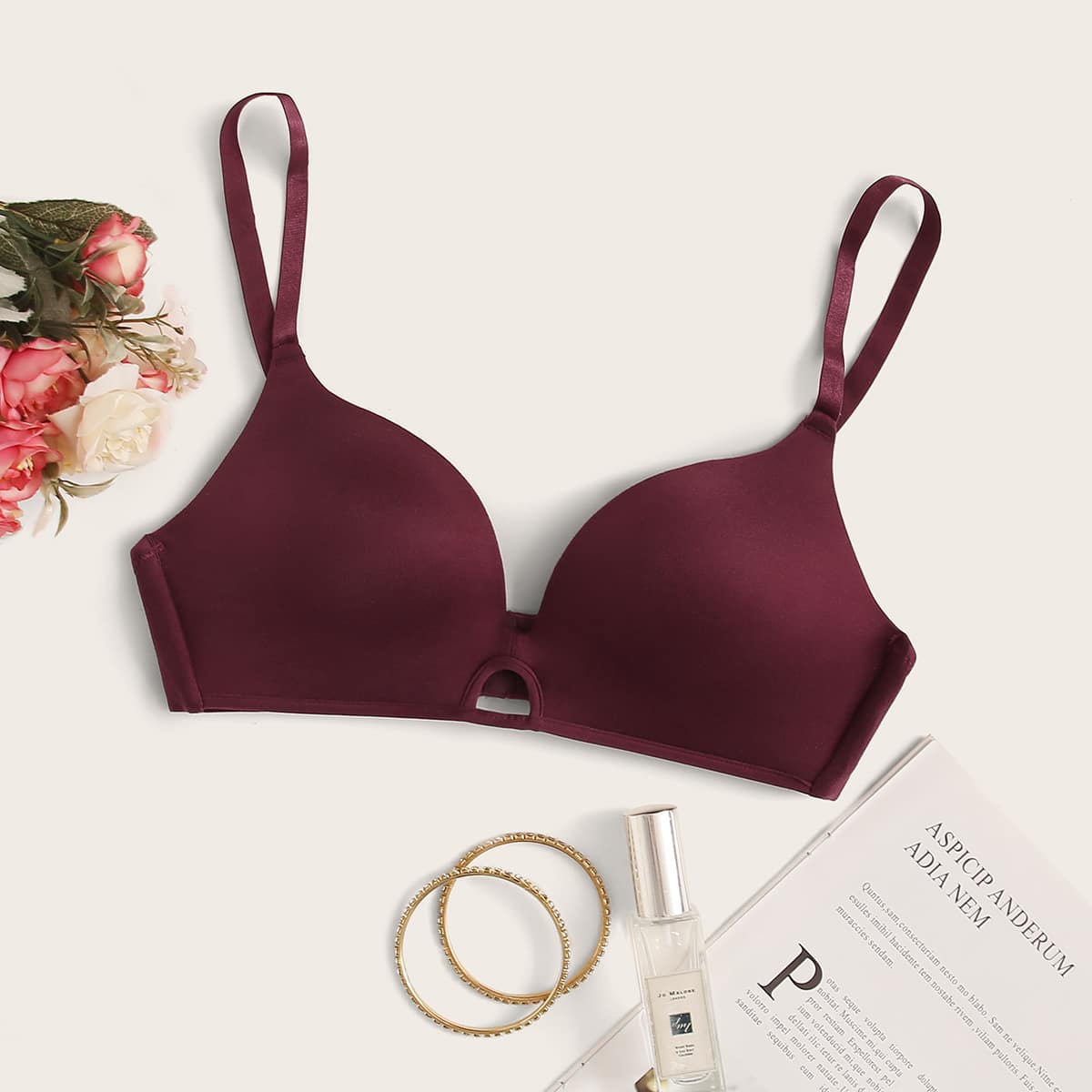 

Solid Adjustable Strap Bra, Burgundy