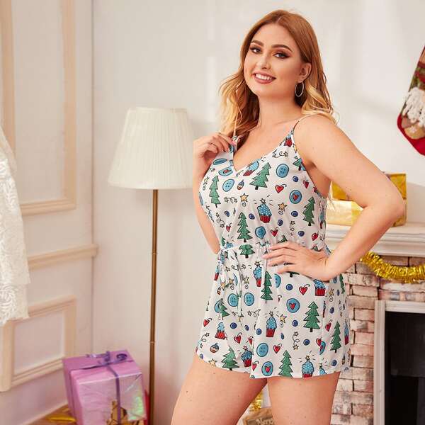 

Christmas Plus Cartoon Graphic Cami Romper, Multicolor