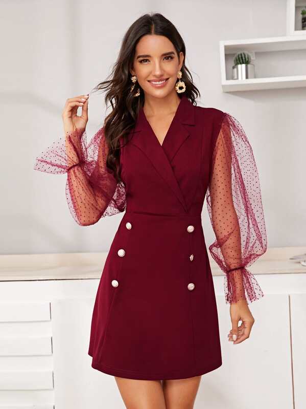 

Sheer Dobby Mesh Sleeve Double Button Dress, Burgundy, Juliana