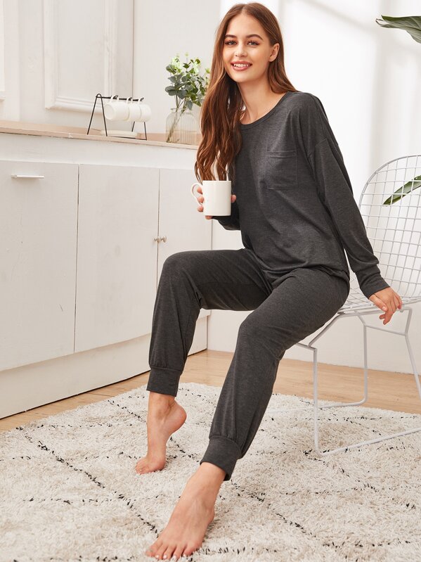

Solid Pocket Detail PJ Set, Grey, Sonya