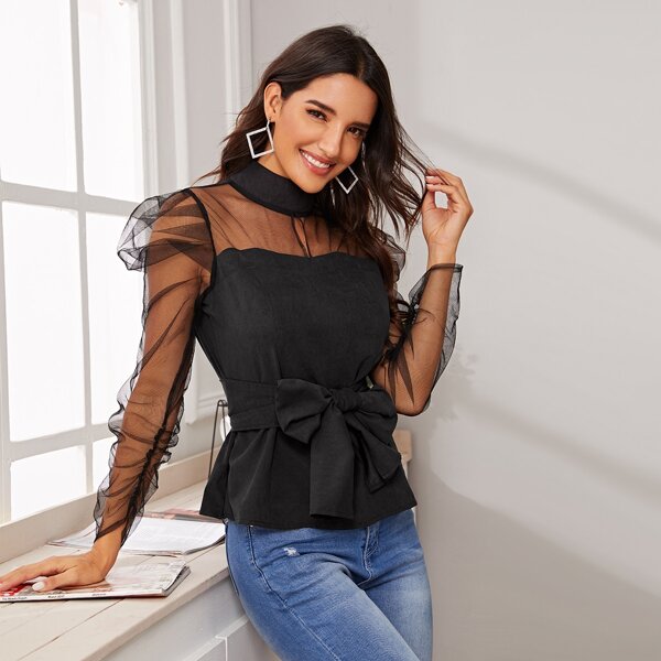 

Keyhole Sheer Mesh Gigot Sleeve Belted Blouse, Black