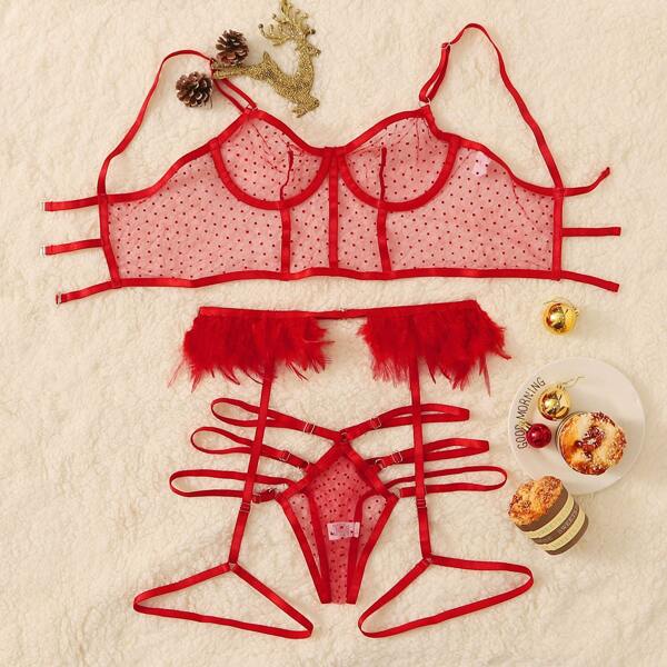 

Polka Dot Sheer Mesh Garter Underwire Lingerie Set, Red