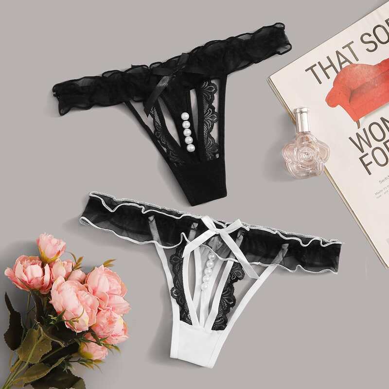 

2pack Floral Lace Panty Set, Black and white