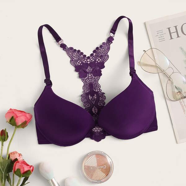 

Crochet Floral Back Underwire Bra, Purple