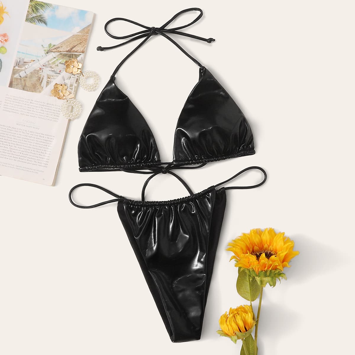 

PU Halter Triangle Thong Bikini Swimsuit, Black