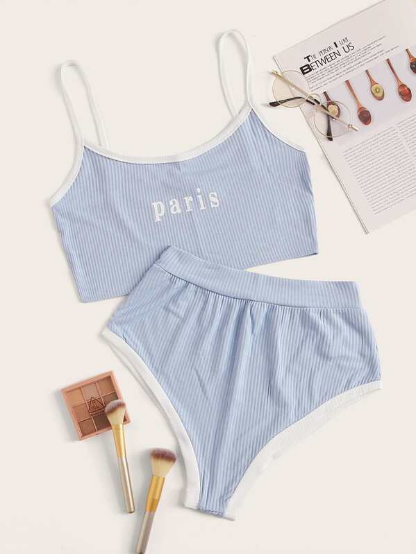 

Letter Graphic Rib Lingerie Set, Blue