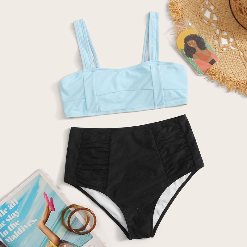 

Two Tone Top With Ruched High Waist Bikini Set, Multicolor