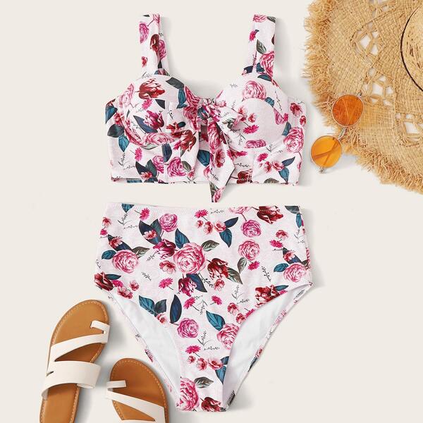 

Floral Random Print Knot Front Bikini Set, Multicolor