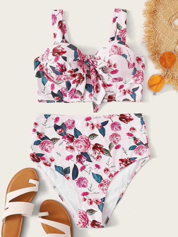 

Floral Random Print Knot Front Bikini Set, Multicolor