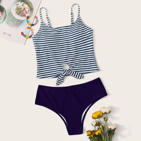 

Striped Knot Hem Tankini Set, Multicolor
