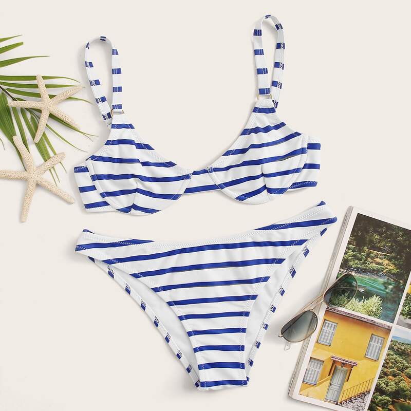 

Striped Underwire Top With Cheeky Bikini Set, Multicolor