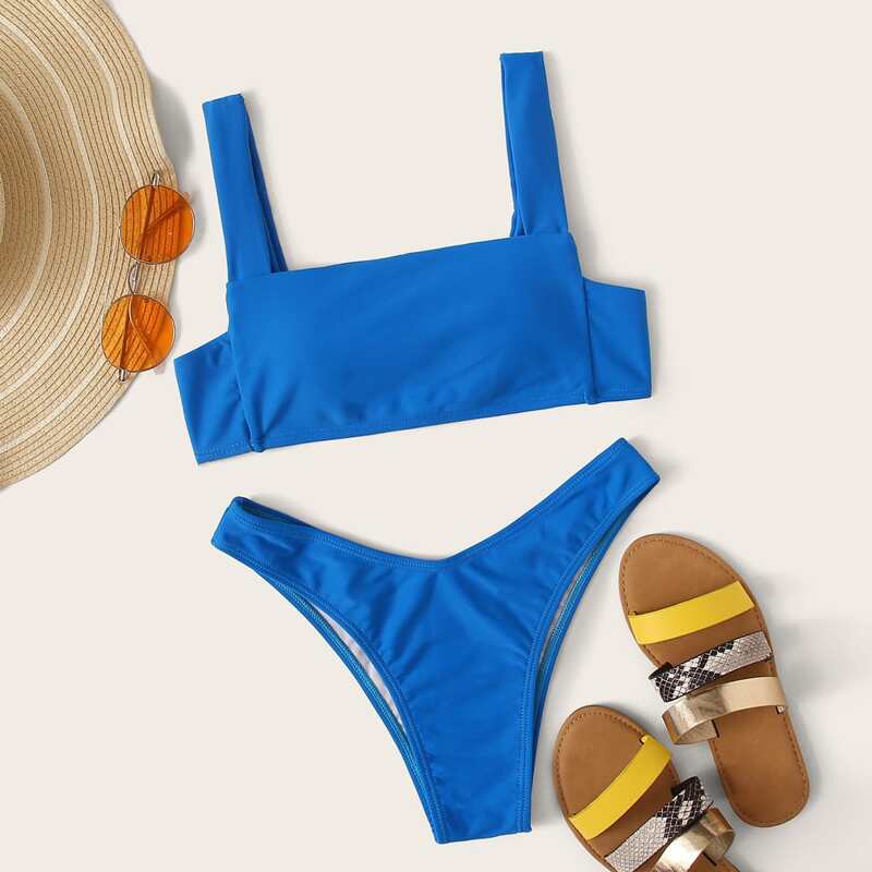 

Solid High Cut Bikini Swimsuit, Blue