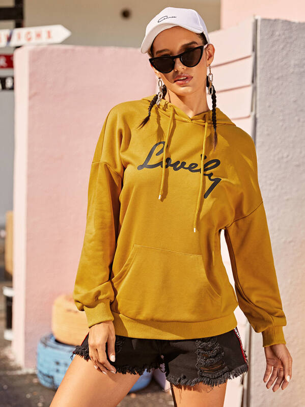 

Letter Print Pocket Front Hoodie, Yellow, Juliana