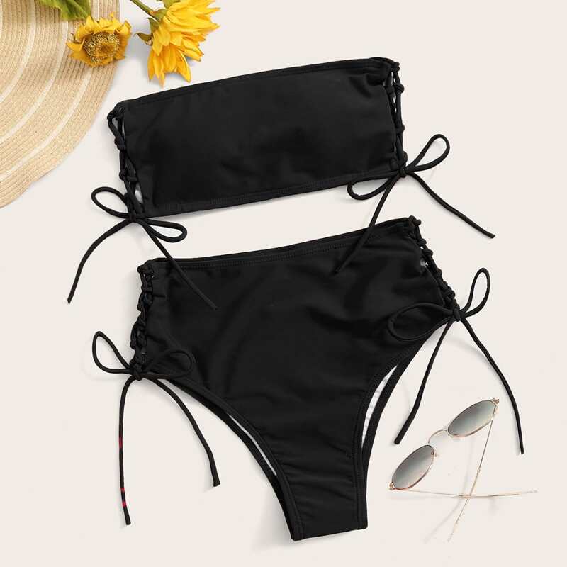 

Tie Side Bandeau High Waisted Bikini Swimsuit, Black