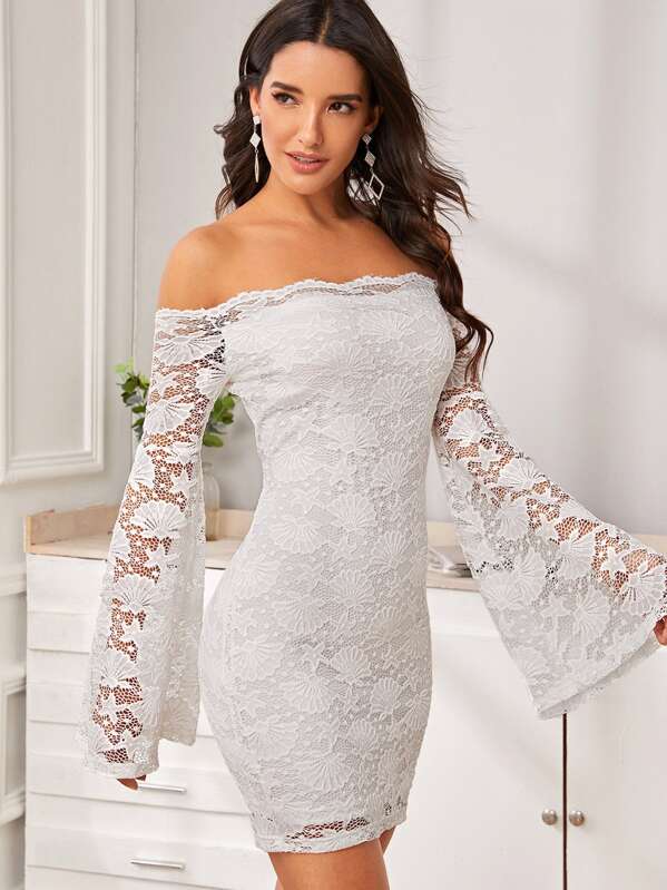 

Off Shoulder Flounce Sleeve Lace Bodycon Dress, White, Juliana