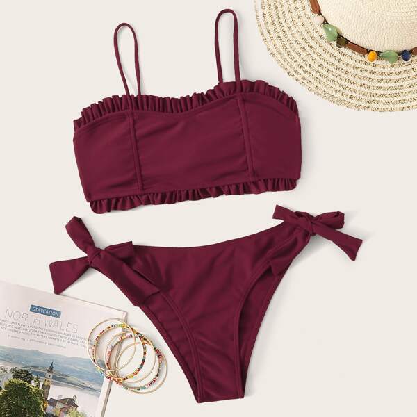 

Frill Trim Top With Tie Side Bikini Set, Burgundy