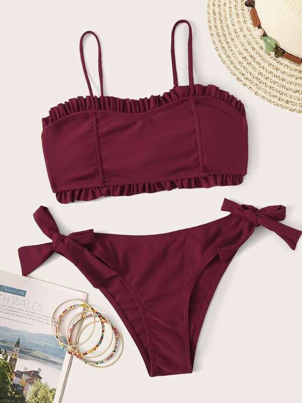 

Frill Trim Top With Tie Side Bikini Set, Burgundy