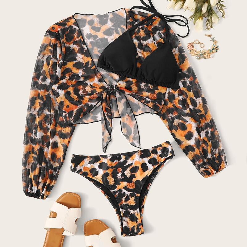 

3pcs Leopard Knot Front Co-ord Bikini Set, Multicolor