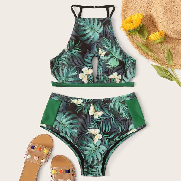 

Tropical Halter Top With High Waist Tankini Set, Green