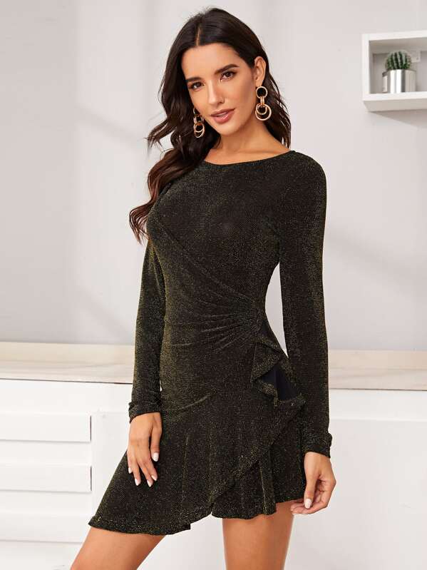 

Asymmetrical Ruffle Hem Glitter Bodycon Dress, Army green, Juliana