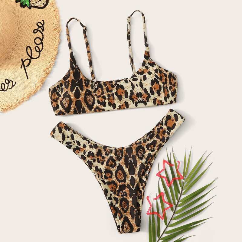 

Leopard Top With High Cut Bikini Set, Multicolor