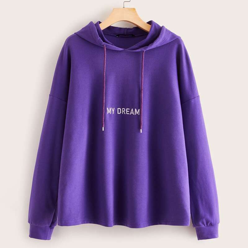 

Embroidered Letter Drop Shoulder Drawstring Hoodie, Purple
