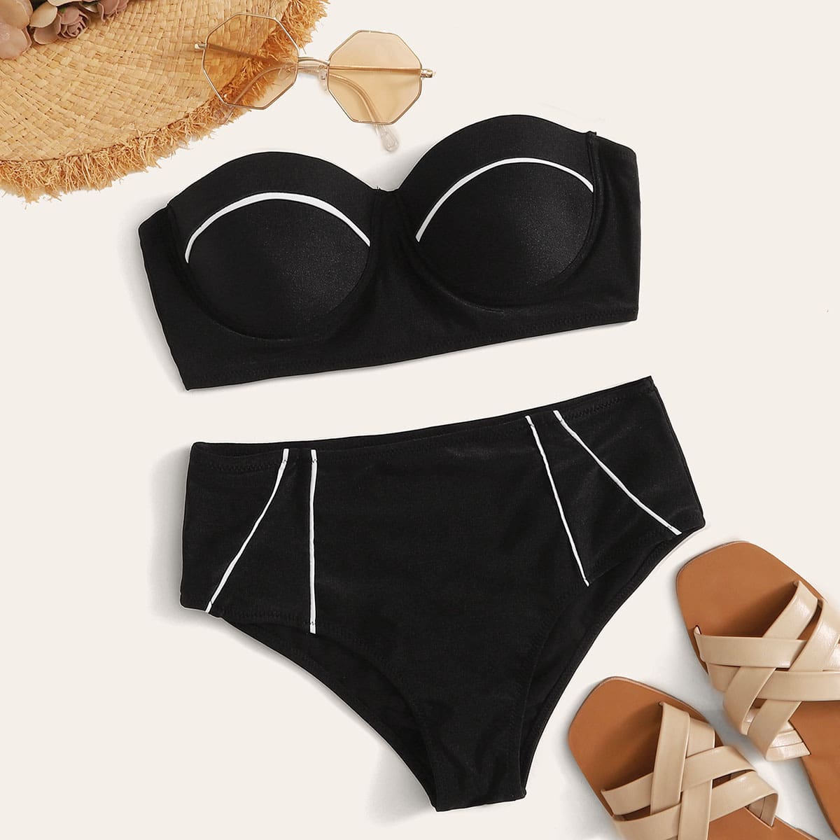 

Detachable Strap Underwire Bandeau Bikini Set, Black
