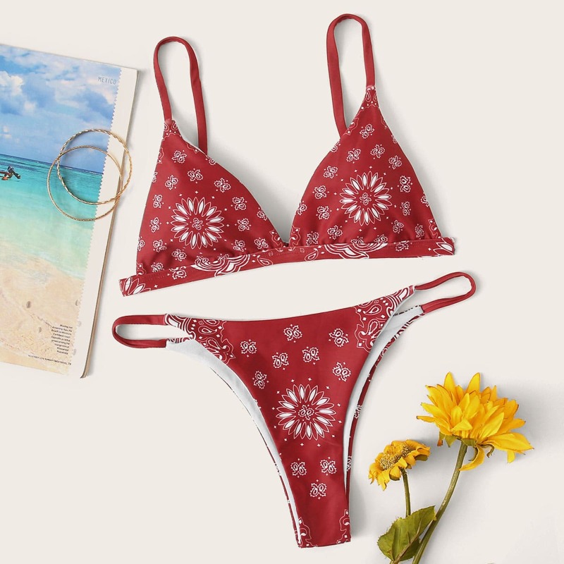 

Geo Triangle Top With High Cut Bikini Set, Burgundy