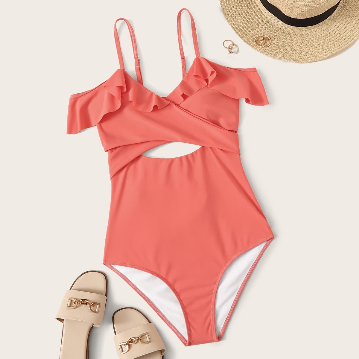 

Ruffle Trim Wrap One Piece Swimsuit, Coral pink