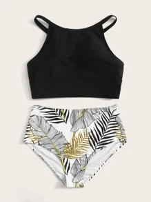 SHEIN Swim Tropical Bikini Set Halter Top & High Waisted Bottom 2 Pieces Bathing Suit Summer - Multicolor - View 3