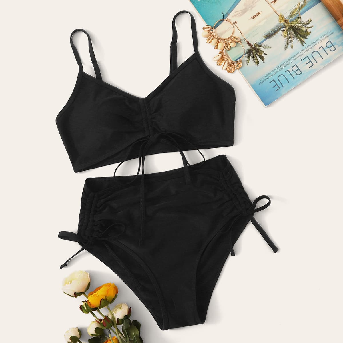 

Drawstring Top With High Waist Bikini Set, Black