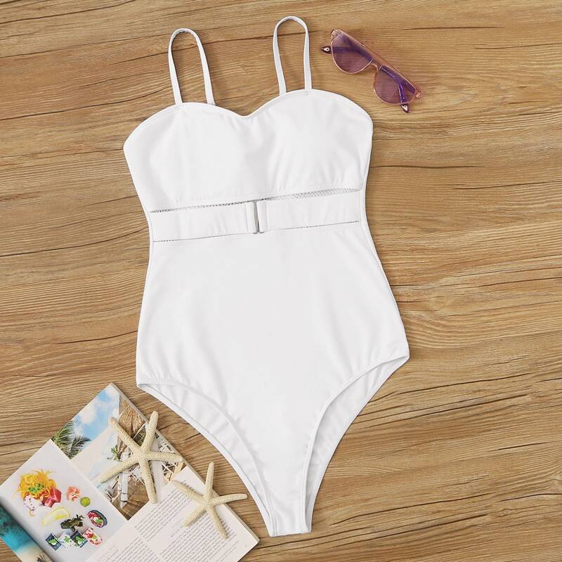 

Solid Adjustable Strap One Piece Swimwear, White