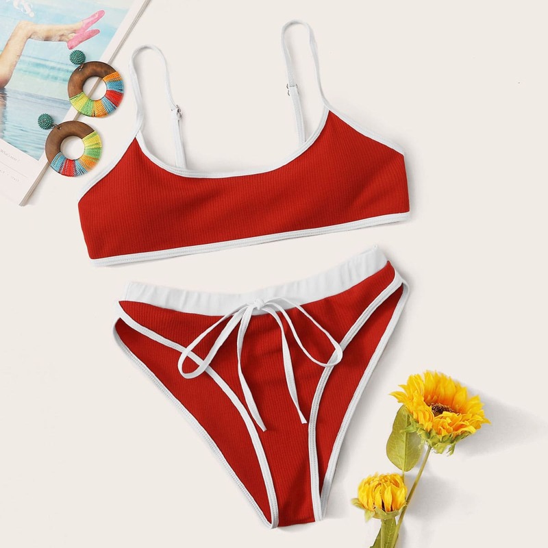 

Rib Top With High Cut Bikini Set, Red
