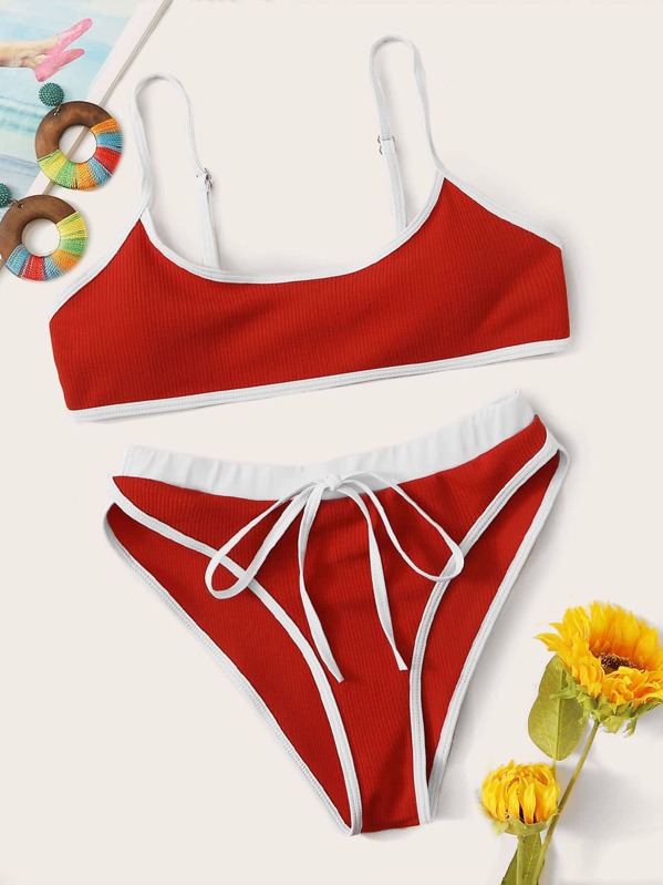 

Rib Top With High Cut Bikini Set, Red