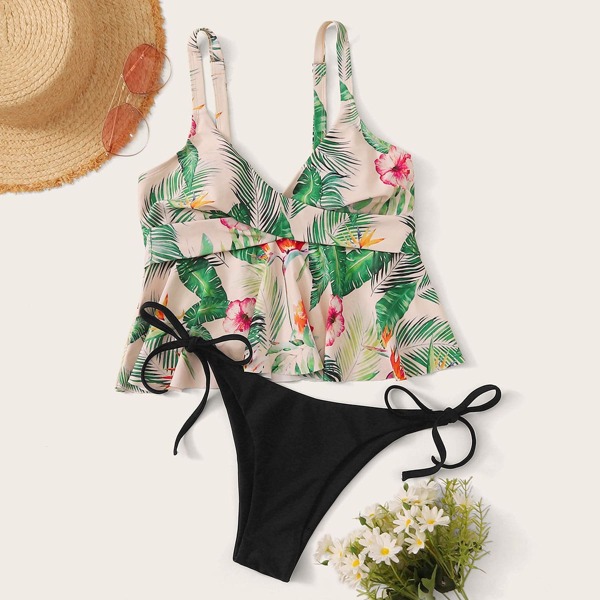 

Tropical Wrap Top With Tie Side Tankini, Multicolor