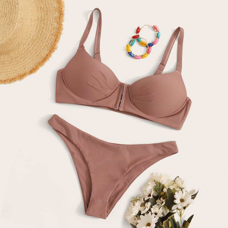 

Solid Top With High Cut Bikini Set, Pink