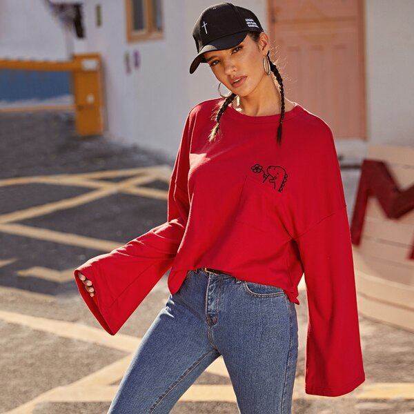 

Drop Shoulder Embroidery Detail Patch Pocket Tee, Red bright